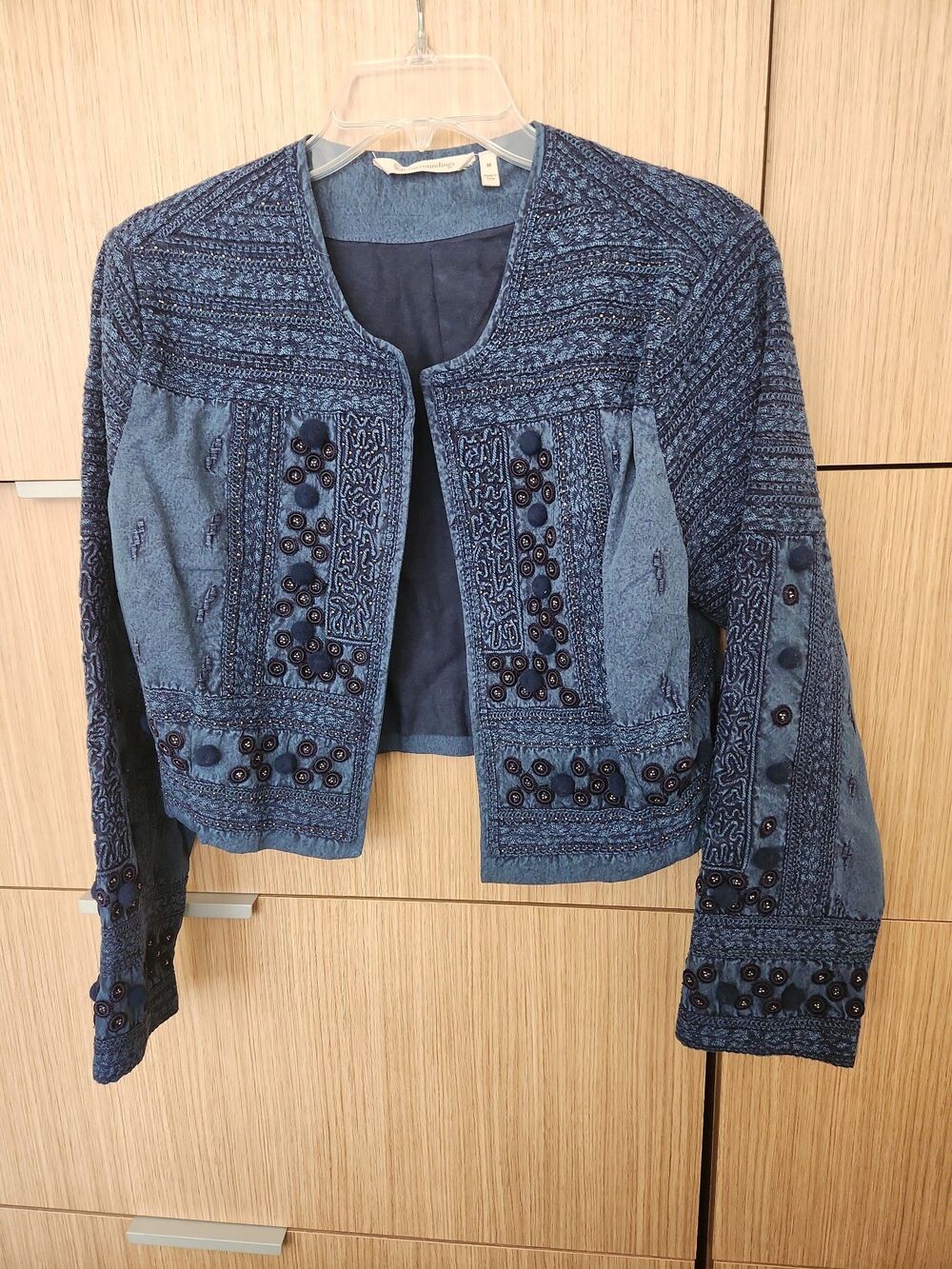 Soft Surroundings Theodora Bolero Jacket Demin w/ Embroidery & Pom-Poms Size M